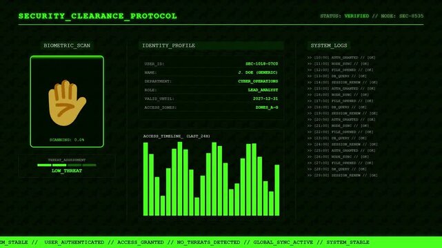 Futuristic Green Digital Security Interface With Biometric Scanning And Data Analytics.