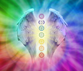 Angelic inspirational take on the Seven Chakras, created manually with digital tools, not AI generated. © Vida Canaria