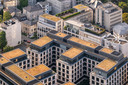 Aerial view of modern office complex with green roof in frankfurt germany shows urban architecture and sustainability across corporate buildings