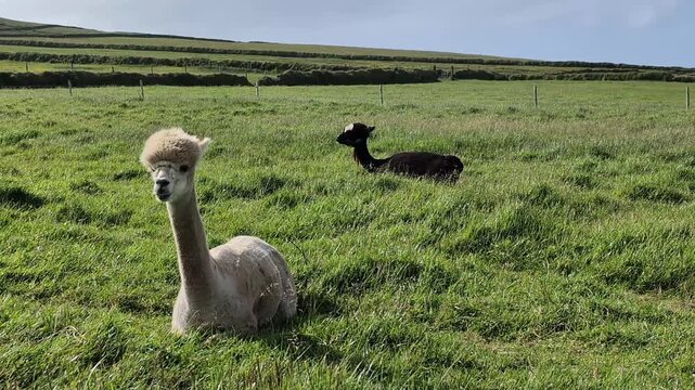 Two alpacas in a lush green field, one with a light-colored coat and the other dark, both resting on the grass under a clear blue sky in the Irish countryside