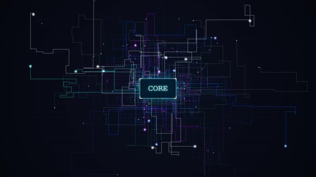 Centralized Digital Core Processing Data Flow in a Dynamic Cybernetic Network Abstract Illustration on Dark Background