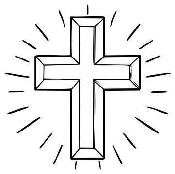 Simple Line Art Cross Symbol with Radiant Rays and Geometric Design