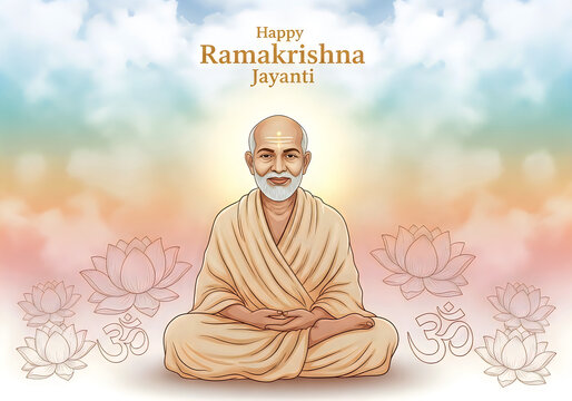 Illustration of ramakrishna sitting in meditation with colorful background