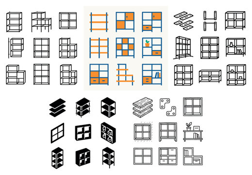 Shelving icons with rack and cubby colorful flat