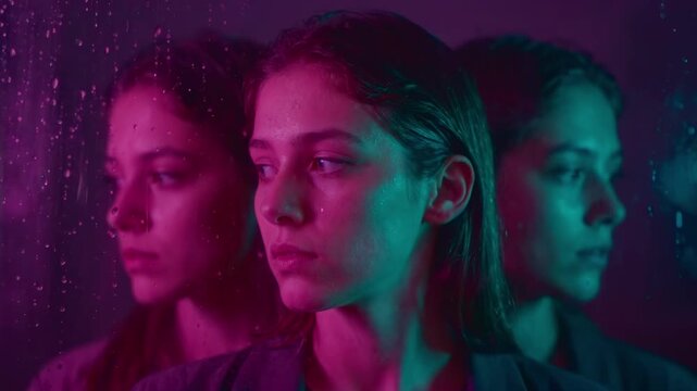 Sad woman crying behind a rainy window with neon pink and blue lights. Multiple reflections of a lonely girl's face showing despair. Mental health, depression and heartbreak concept