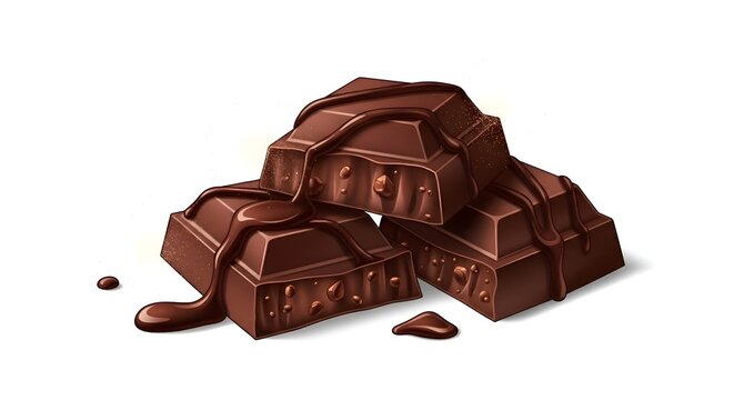 Melted Dark Chocolate Pieces with Nuts on White Background