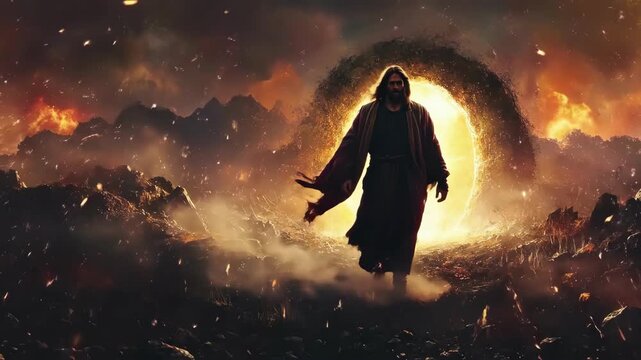 Mysterious figure walking through fiery portal in dramatic landscape. Easter, Pascha, Paskha, Ostern, Pascua, Paques - Orthodox and Catholic Holiday celebration