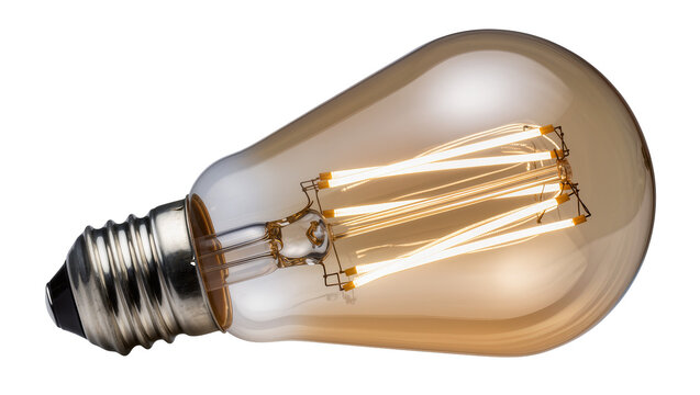 Brightly lit vintage style LED filament light bulb with warm amber glass, isolated for design projects, modern energy-saving technology