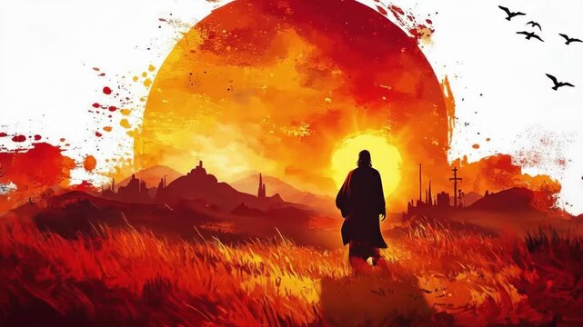 Silhouette of person in vibrant sunset landscape with birds and distant city. Easter, Pascha, Paskha, Ostern, Pascua, Paques - Orthodox and Catholic Holiday celebration