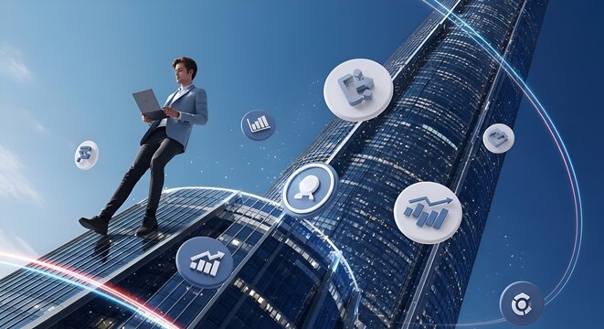 Businessman with laptop on skyscraper, financial growth icons, modern city, blue sky