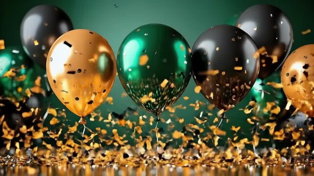 Festive balloons with gold and green confetti in celebration setting