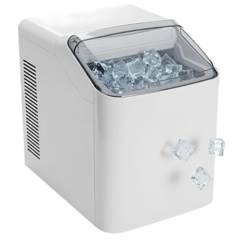 Portable white ice maker machine filled with fresh frozen cubes in a bright clear photograph