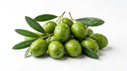 Obraz premium Fresh green olives with water droplets and leaves clustered together on a clean white background, captured in a bright studio light.