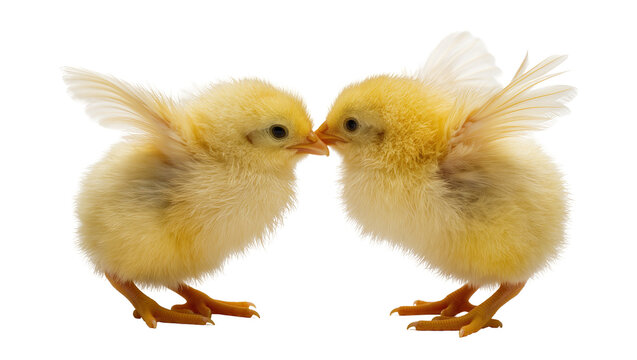 Two adorable fluffy yellow baby chicks nuzzling, facing each other, isolated PNG on transparent background, symbolizing new life and spring