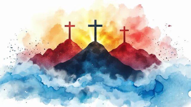 Three crosses on vibrant watercolor hills at sunrise. Easter, Pascha, Paskha, Ostern, Pascua, Paques - Orthodox and Catholic Holiday celebration
