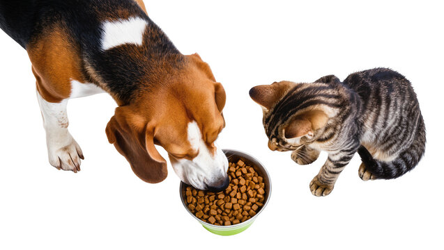 Beagle dog eating dry kibble from a green bowl, with a curious tabby cat observing, isolated PNG on transparent background, pet nutrition