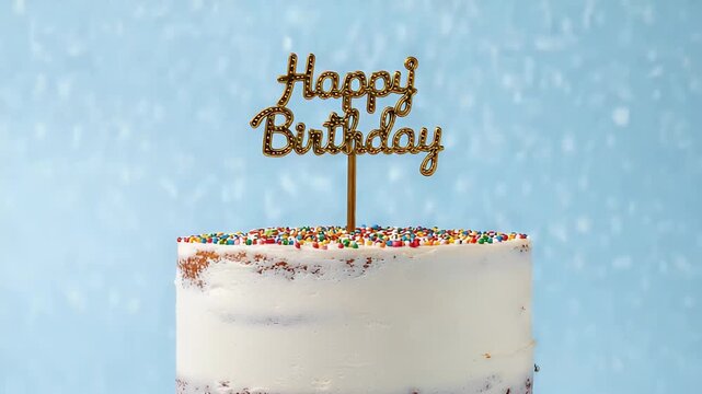 Layered birthday cake with white icing, colorful sprinkles, and a golden "Happy Birthday" topper against a light blue background.