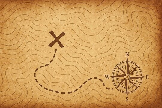 Vintage Treasure Map on Aged Parchment Paper with Dotted Path Leading to a Large Brown X Mark, Classic Compass Rose Navigation Symbol for Adventure and Discovery, Antique Paper Texture