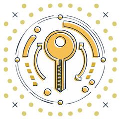 Fototapeta premium Digital key turning with circular arrow diagrams on light dotted background