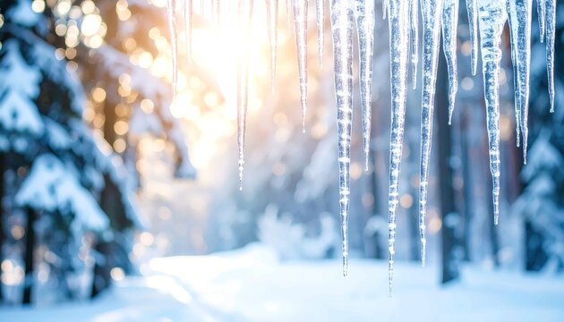 Close Up of Long Transparent Icicles Hanging from a Roof in a Snowy Winter Forest with Bright Golden Sunlight and Bokeh Background, Cold Seasonal Weather and Nature Beauty Illustration
