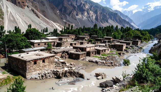 Remote Traditional Stone Village Located in a Rugged Mountain Valley with a Muddy River Flowing Through the Foreground, Rural Architecture and Scenic Highland Landscape, Flood in Northern Area