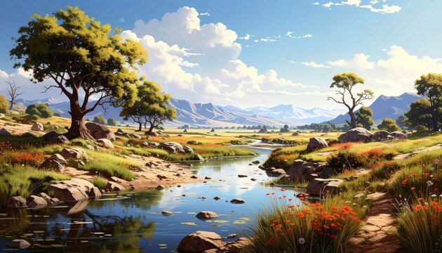 Peaceful Watercolor Landscape Illustration of a Winding Blue River Through a Green Meadow with Wildflowers and Lush Trees Under a Clear Sky with Fluffy White Clouds, Idyllic Nature Background