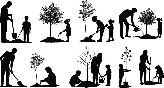 Tree planting silhouette illustration, adults and children nurturing saplings through digging, watering, and caring, environmental stewardship theme, vector art, black isolated bold design