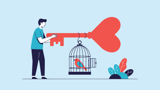 Emotional freedom and love concept featuring a man holding a large heart shaped key attached to a birdcage where a bird sits inside.