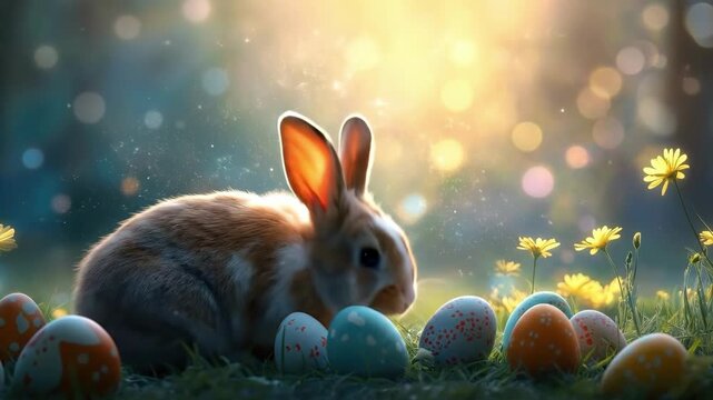 Cute bunny surrounded by colorful easter eggs in a sunlit meadow. Easter, Pascha, Paskha, Ostern, Pascua, Paques - Orthodox and Catholic Holiday celebration