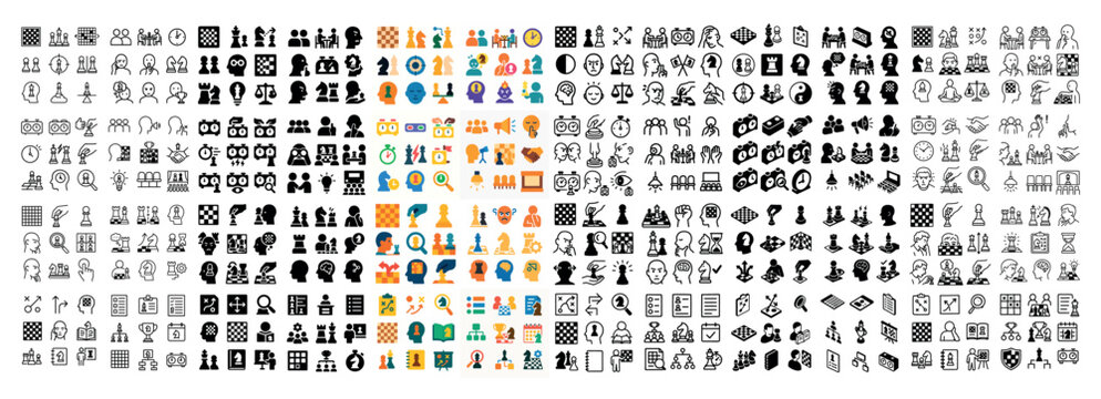 Business icons with people chess clocks minimal outline