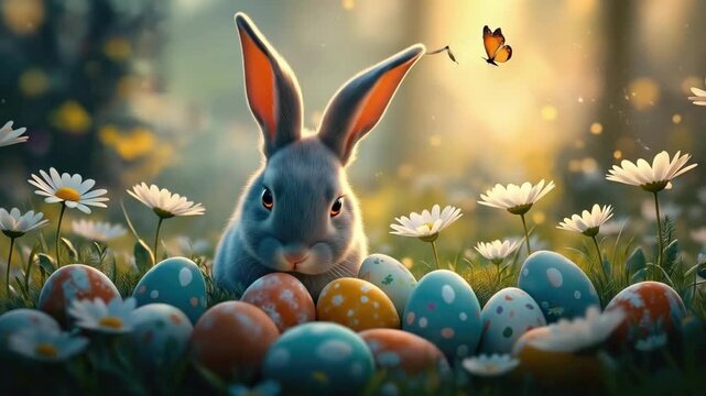 Cute bunny surrounded by colorful easter eggs in a sunlit meadow. Easter, Pascha, Paskha, Ostern, Pascua, Paques - Orthodox and Catholic Holiday celebration