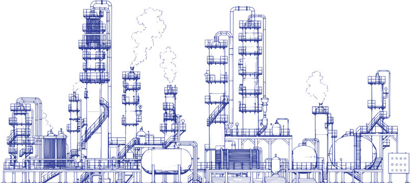 Natural Gas Processing Plant with Distillation Towers, Hand-Drawn Illustration