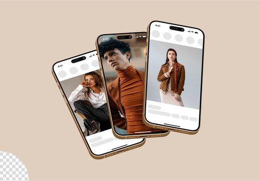 Multi Screen Phone Social Media Post and Stories Feed Ui Ux App Web Mockup