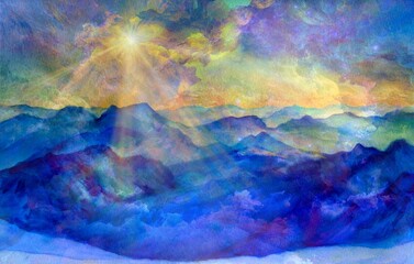 Mixed Media Aquarel and Digital, Landscape Mountain Range bathing in Sunlight. Not AI generated. © Vida Canaria