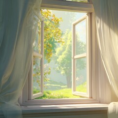 Obraz premium Cozy interior with open white window frame showing green trees and bright light during a sunny day in spring