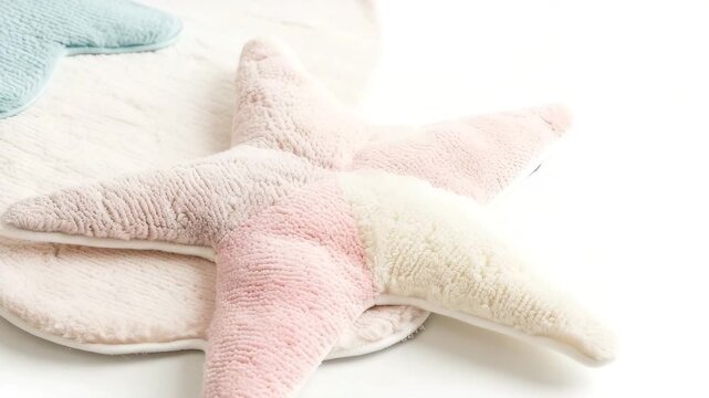 A star-shaped carpet in pastel colors lies on the floor. The room features playful details and soft textures suitable for a child's space. Bright colors and unique shapes create a fun atmosphere