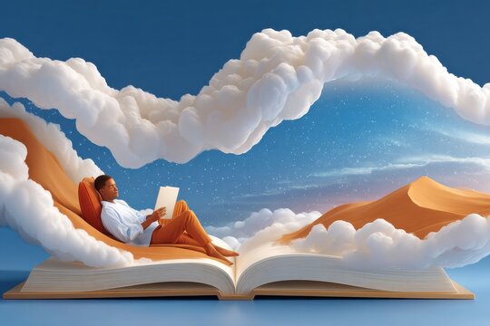Mindful reading on a giant book in a dreamlike desert with clouds and stars surrounding the reader