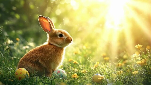 Adorable bunny in sunny meadow with colorful easter eggs. Easter, Pascha, Paskha, Ostern, Pascua, Paques - Orthodox and Catholic Holiday celebration