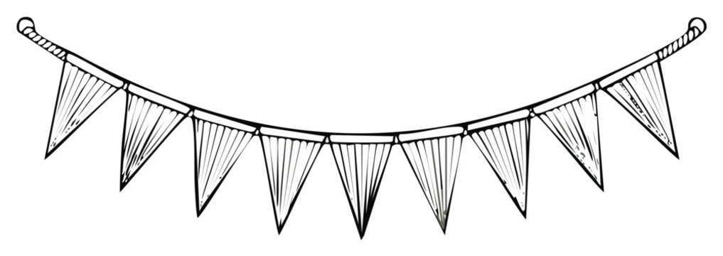 Monochrome bunting illustration with triangular flag pendants, a simple graphic line drawing for celebration or festive design
