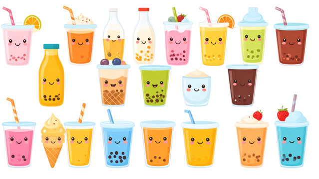 Refreshing summer drinks and ice cream cone with cute faces kawaii beverage vector set featuring soda bottle juice cup bubble tea milkshake cone cold sweet refreshment