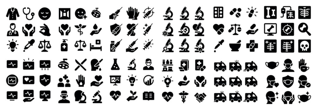 Healthcare icons with microscope pill syringe flat
