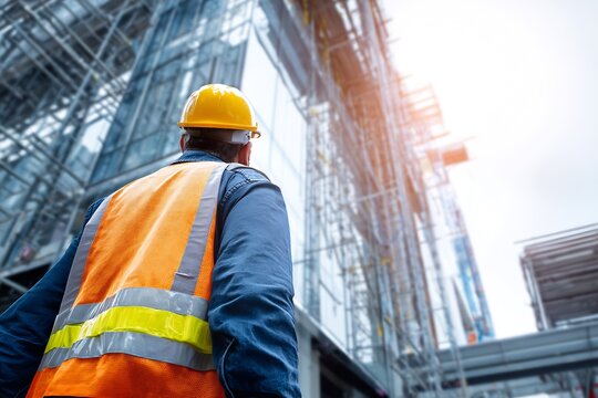 Construction worker in hard hat and orange reflective vest looking up at scaffolding on a modern glass high rise