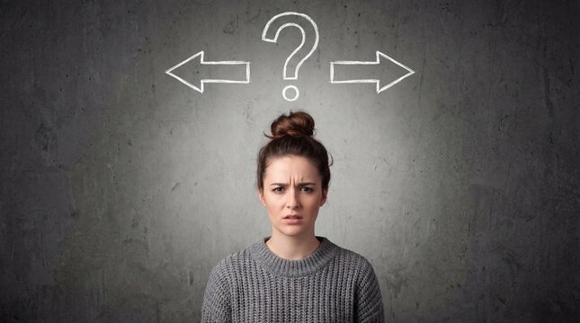 Confused young woman with question mark and arrows above her head