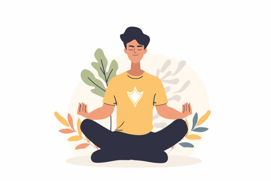 Young hispanic male meditating in nature with plants in relaxed pose