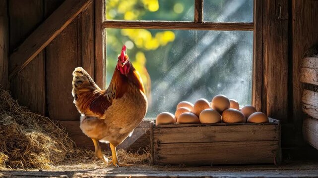 Rooster with fresh eggs by sunlit window in rustic barn setting. Easter, Pascha, Paskha, Ostern, Pascua, Paques - Orthodox and Catholic Holiday celebration