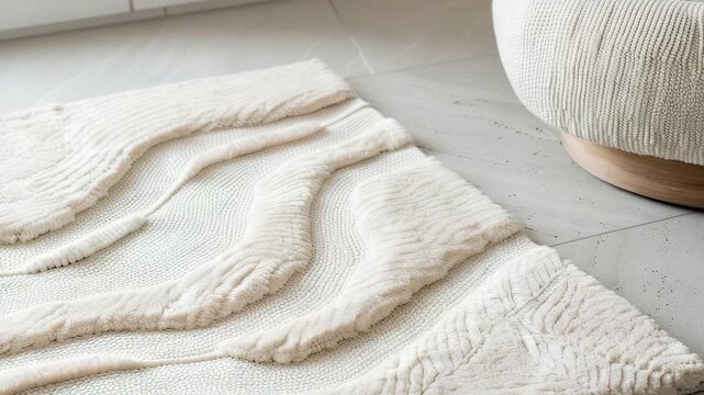 A boho rug made from organic materials is shown on a floor. The soft texture and pattern of the rug stand out in a well-lit room. It showcases simple style and natural decor