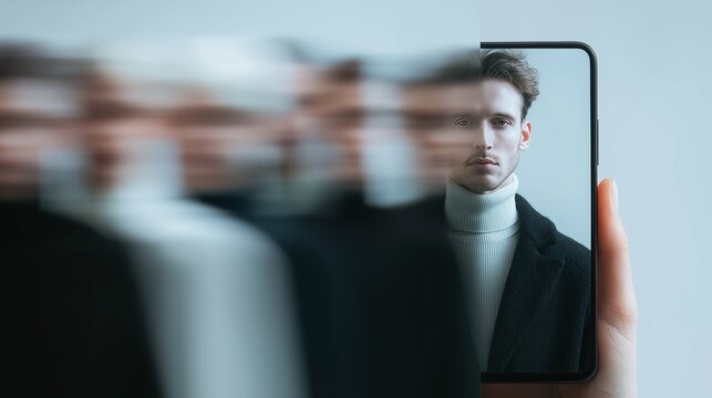 Portrait of a man captured through a smartphone, surrounded by dynamic motion blur for a modern digital effect.
