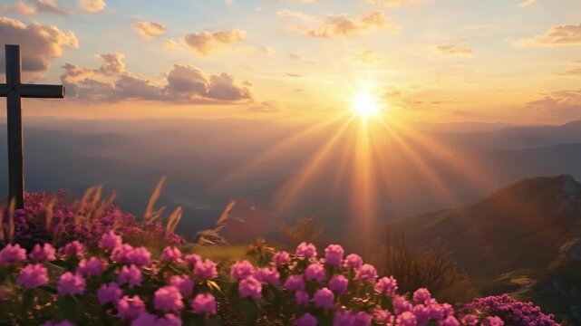 Sunrise over mountain cross with flowers and scenic landscape. Easter, Pascha, Paskha, Ostern, Pascua, Paques - Orthodox and Catholic Holiday celebration