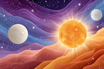 Fototapeta premium Vibrant space scene with sun, moons and colorful nebula background in cosmic dawn