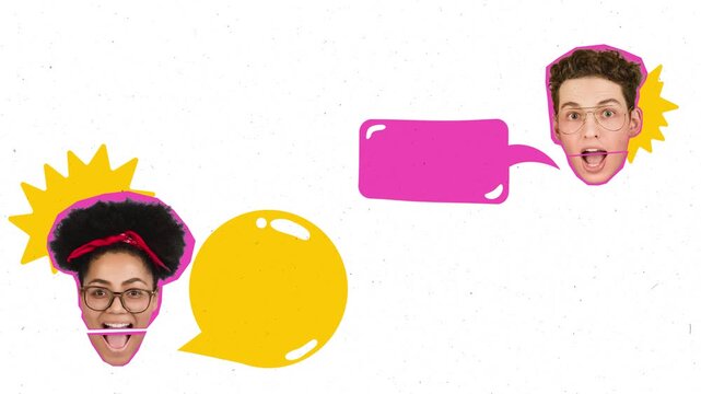 Creative video ad diverse people faces with speech bubbles communication and feedback collage. Concept of customer feedback, user opinions, social interaction, messaging and digital conversation flow.